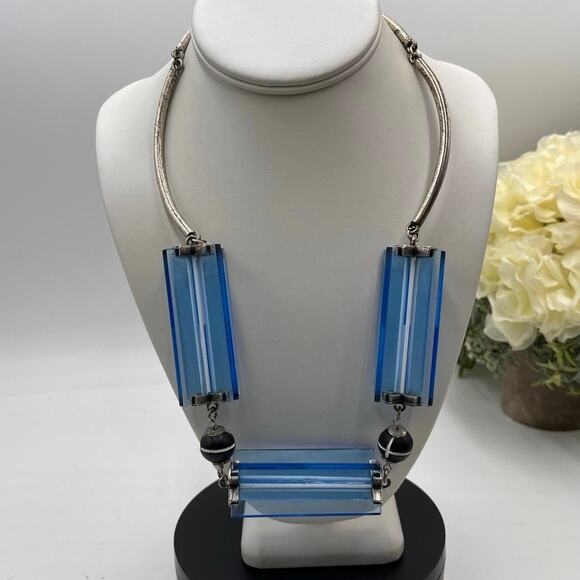 Lela Rose Resin Lucite Blue Antique Silver Tone Collar Statement Necklace - Picture 1 of 11